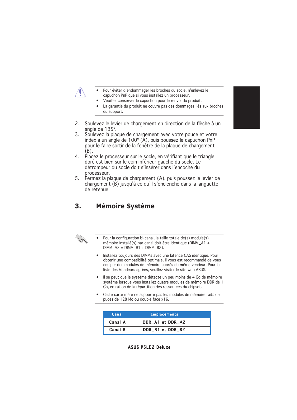 Mémoire système, Fran ç ais | Asus P5LD2 Deluxe User Manual | Page 3 / 20