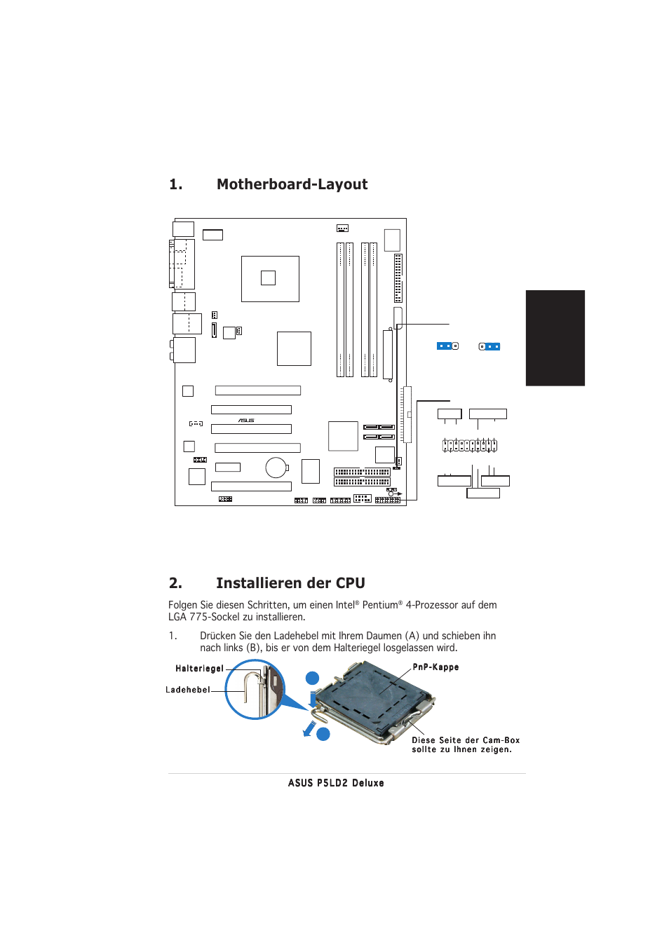 Installieren der cpu, Motherboard-layout, Deutsch | Folgen sie diesen schritten, um einen intel, Pentium | Asus P5LD2 Deluxe User Manual | Page 5 / 20