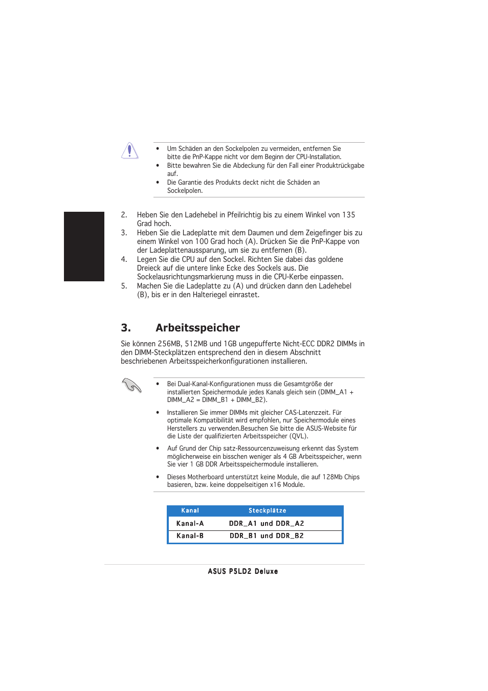 Arbeitsspeicher, Deutsch | Asus P5LD2 Deluxe User Manual | Page 6 / 20