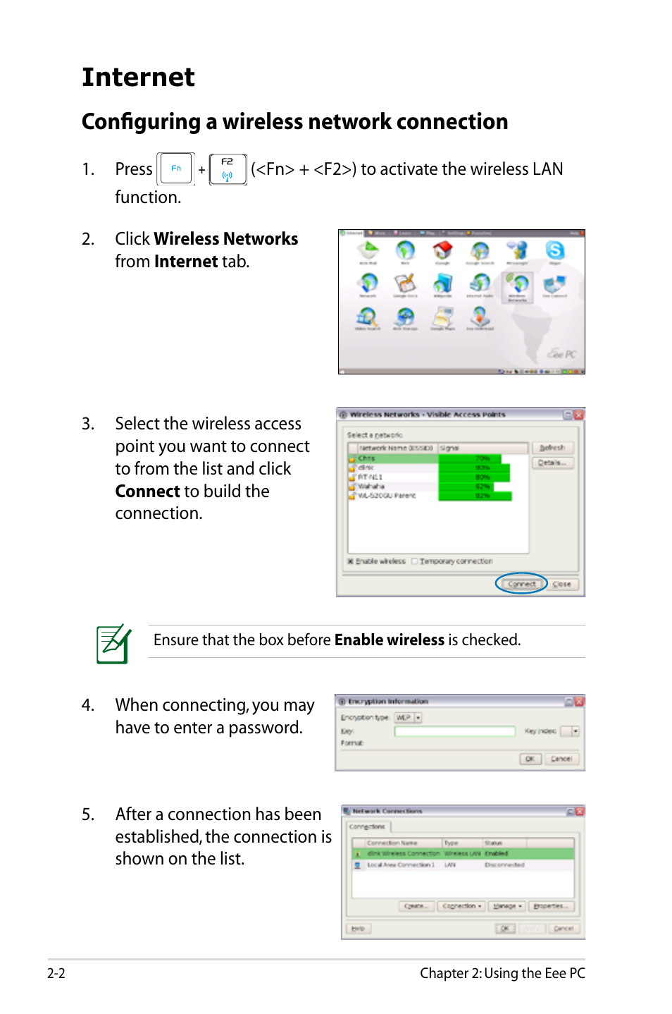 Internet, Configuring a wireless network connection, Internet -2 | Configuring a wireless network connection -2 | Asus Eee PC S101/Linux User Manual | Page 12 / 90