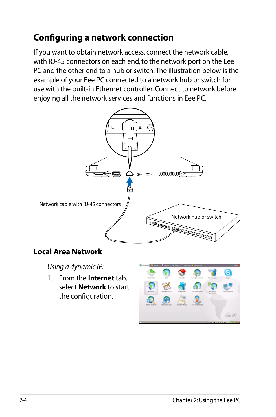 Configuring a network connection, Configuring a network connection -4, Local area network | Asus Eee PC S101/Linux User Manual | Page 14 / 90