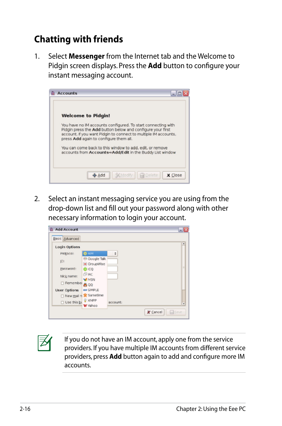 Chatting with friends, Chatting with friends -16 | Asus Eee PC S101/Linux User Manual | Page 26 / 90