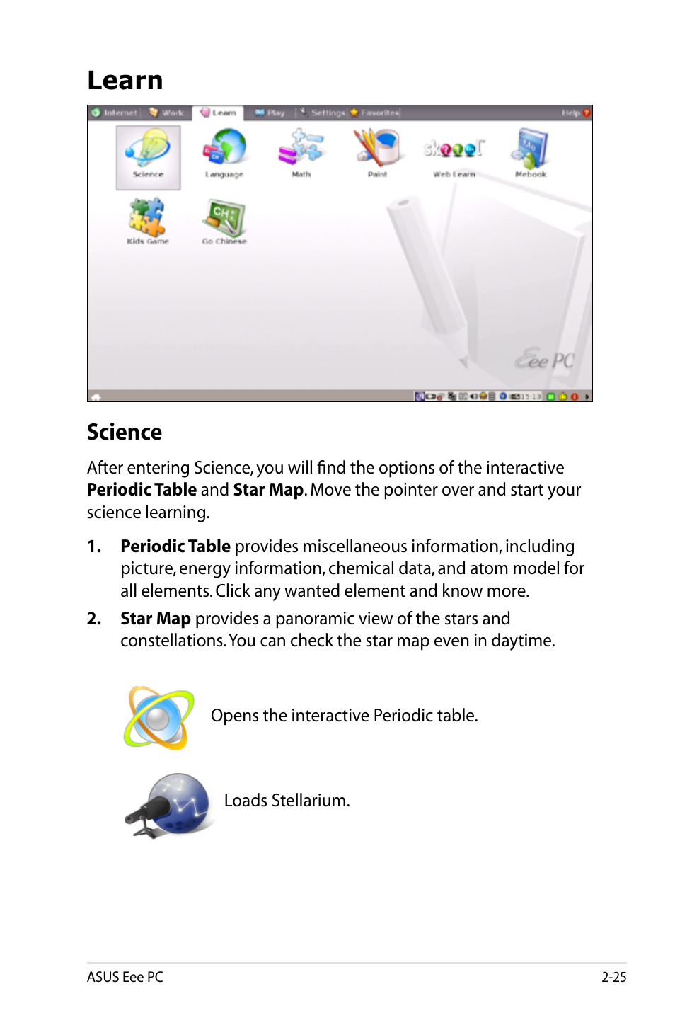 Learn, Science, Learn -25 | Science -25 | Asus Eee PC S101/Linux User Manual | Page 35 / 90