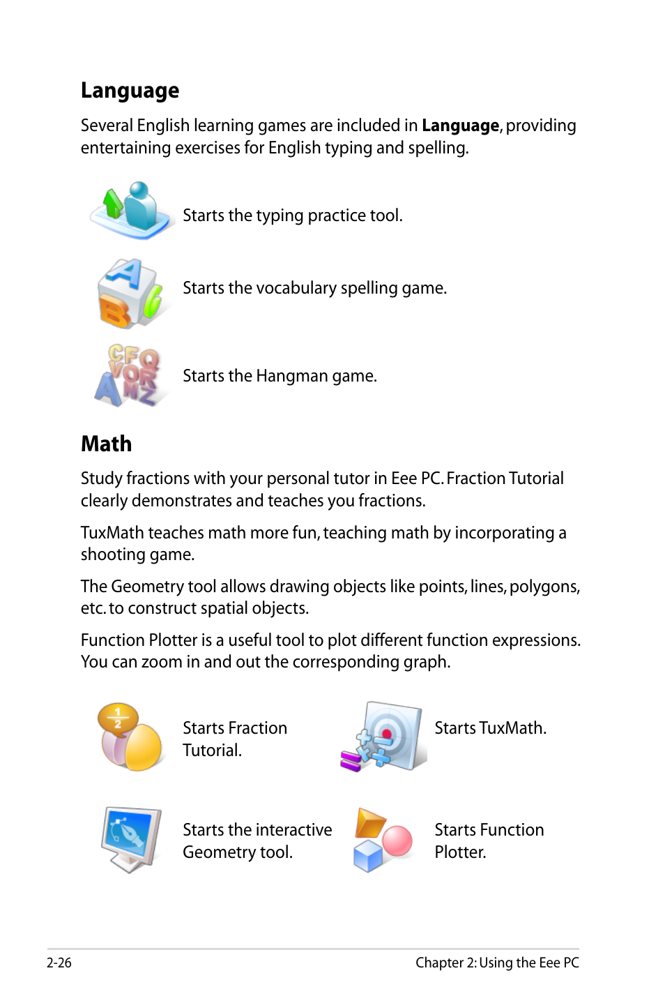 Language, Math, Language -26 math | Asus Eee PC S101/Linux User Manual | Page 36 / 90