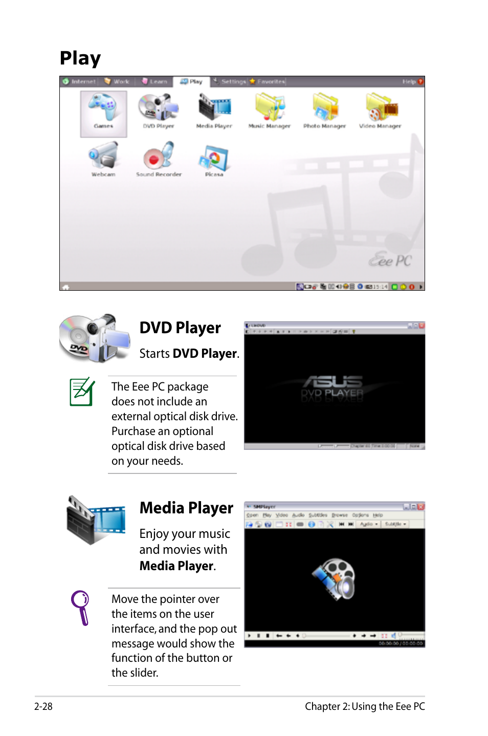 Play, Dvd player, Media player | Play -28, Dvd player -28 media player -28 | Asus Eee PC S101/Linux User Manual | Page 38 / 90