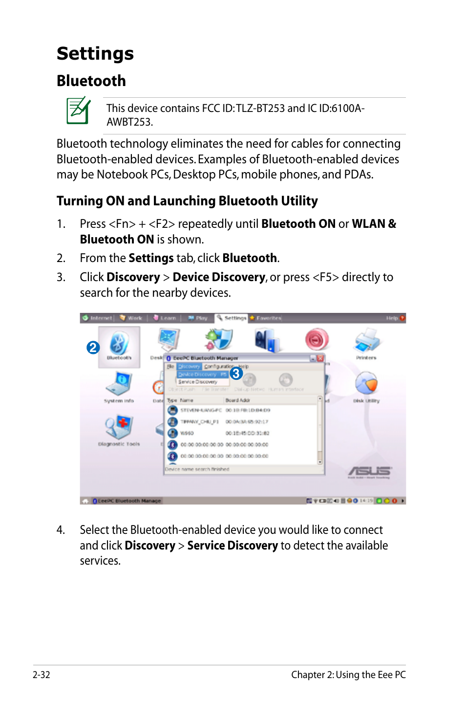 Settings, Bluetooth, Settings -32 | Bluetooth -32 | Asus Eee PC S101/Linux User Manual | Page 42 / 90