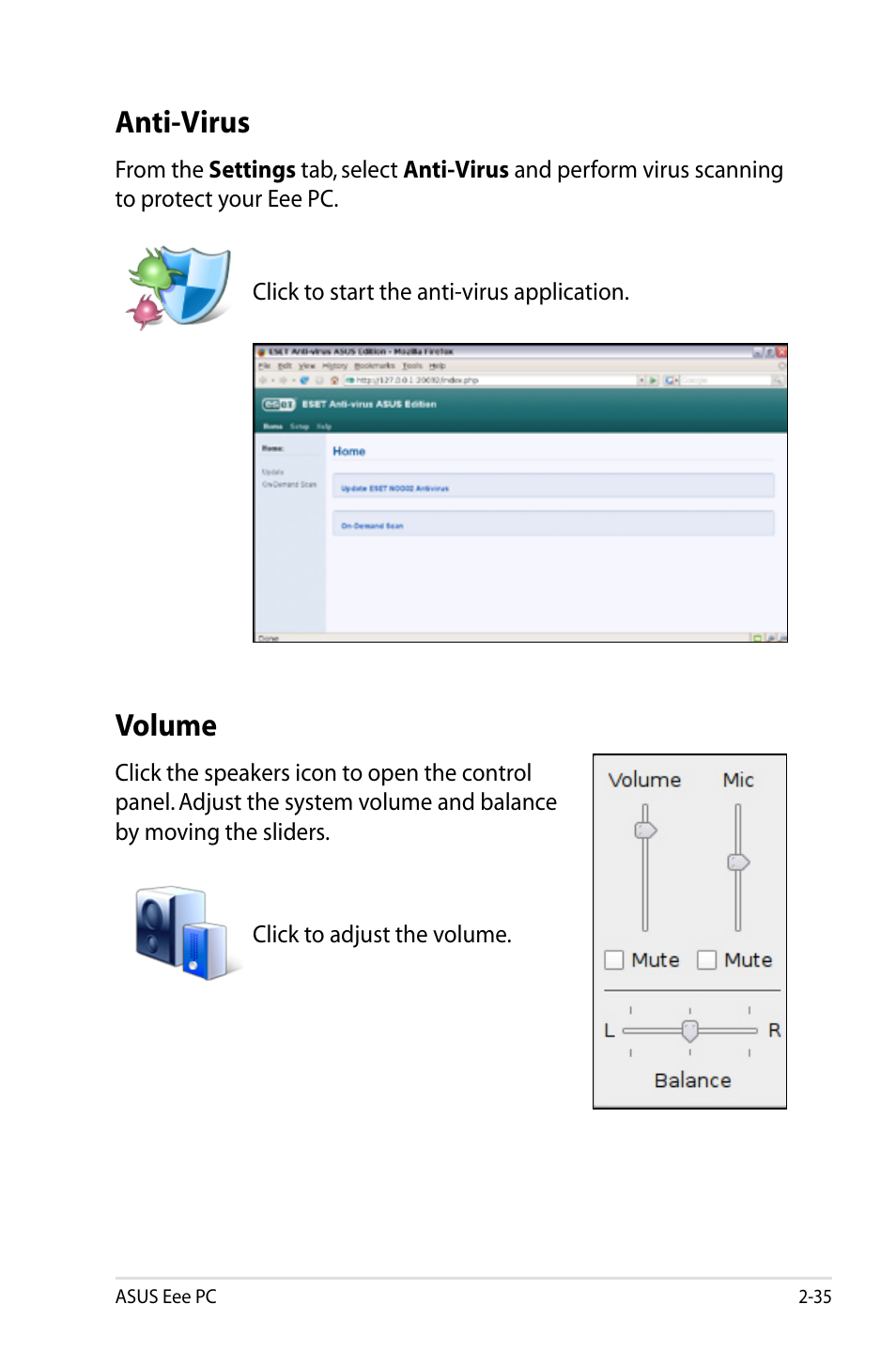 Anti-virus, Volume, Anti-virus -35 volume -35 | Asus Eee PC S101/Linux User Manual | Page 45 / 90