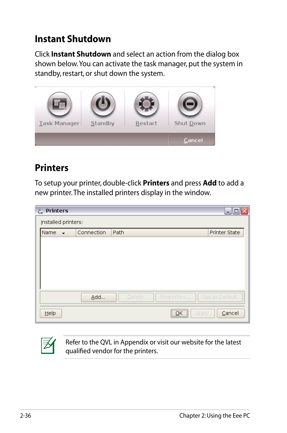 Instant shutdown, Printers, Instant shutdown -36 printers -36 | Asus Eee PC S101/Linux User Manual | Page 46 / 90