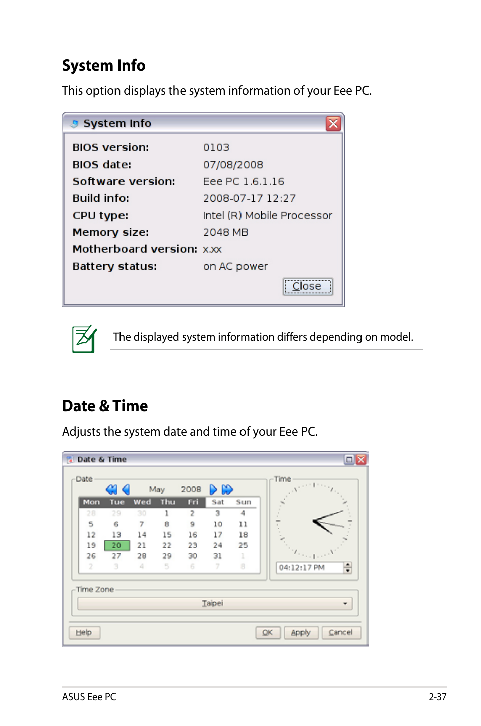 System info, Date & time, System info -37 date & time -37 | Asus Eee PC S101/Linux User Manual | Page 47 / 90