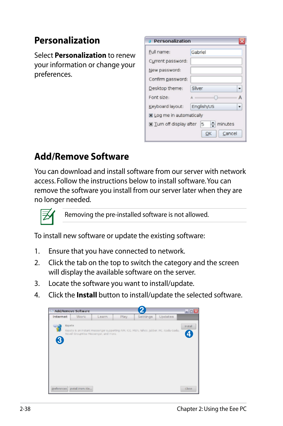 Personalization, Add/remove software, Personalization -38 add/remove software -38 | Asus Eee PC S101/Linux User Manual | Page 48 / 90