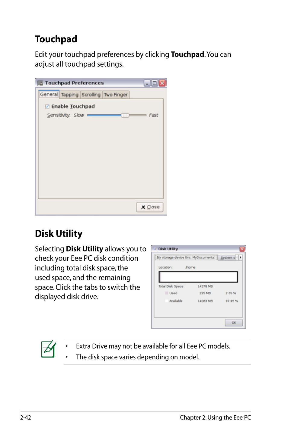 Touchpad, Disk utility, Touchpad -42 disk utility -42 | Asus Eee PC S101/Linux User Manual | Page 52 / 90
