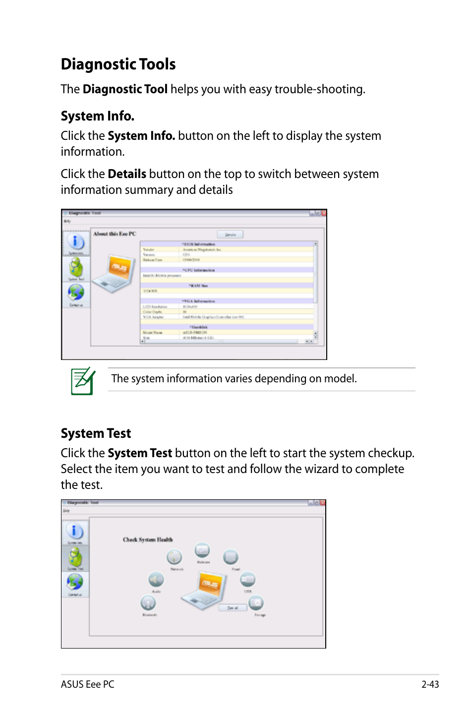 Diagnostic tools, Diagnostic tools -43 | Asus Eee PC S101/Linux User Manual | Page 53 / 90