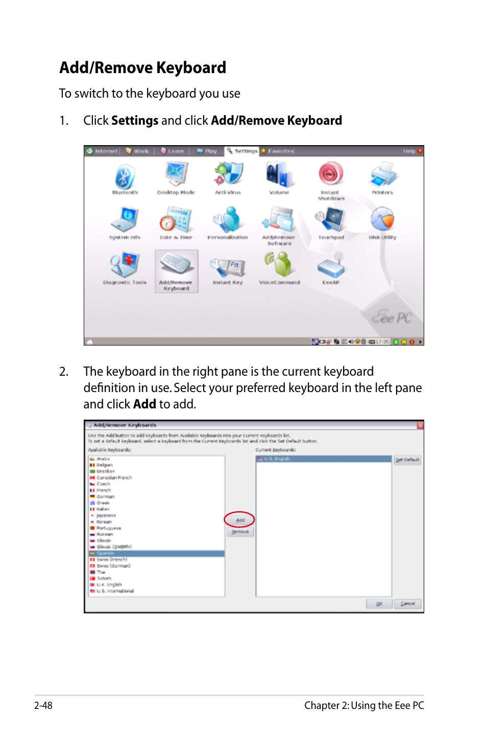 Add/remove keyboard, Add/remove keyboard -48 | Asus Eee PC S101/Linux User Manual | Page 58 / 90