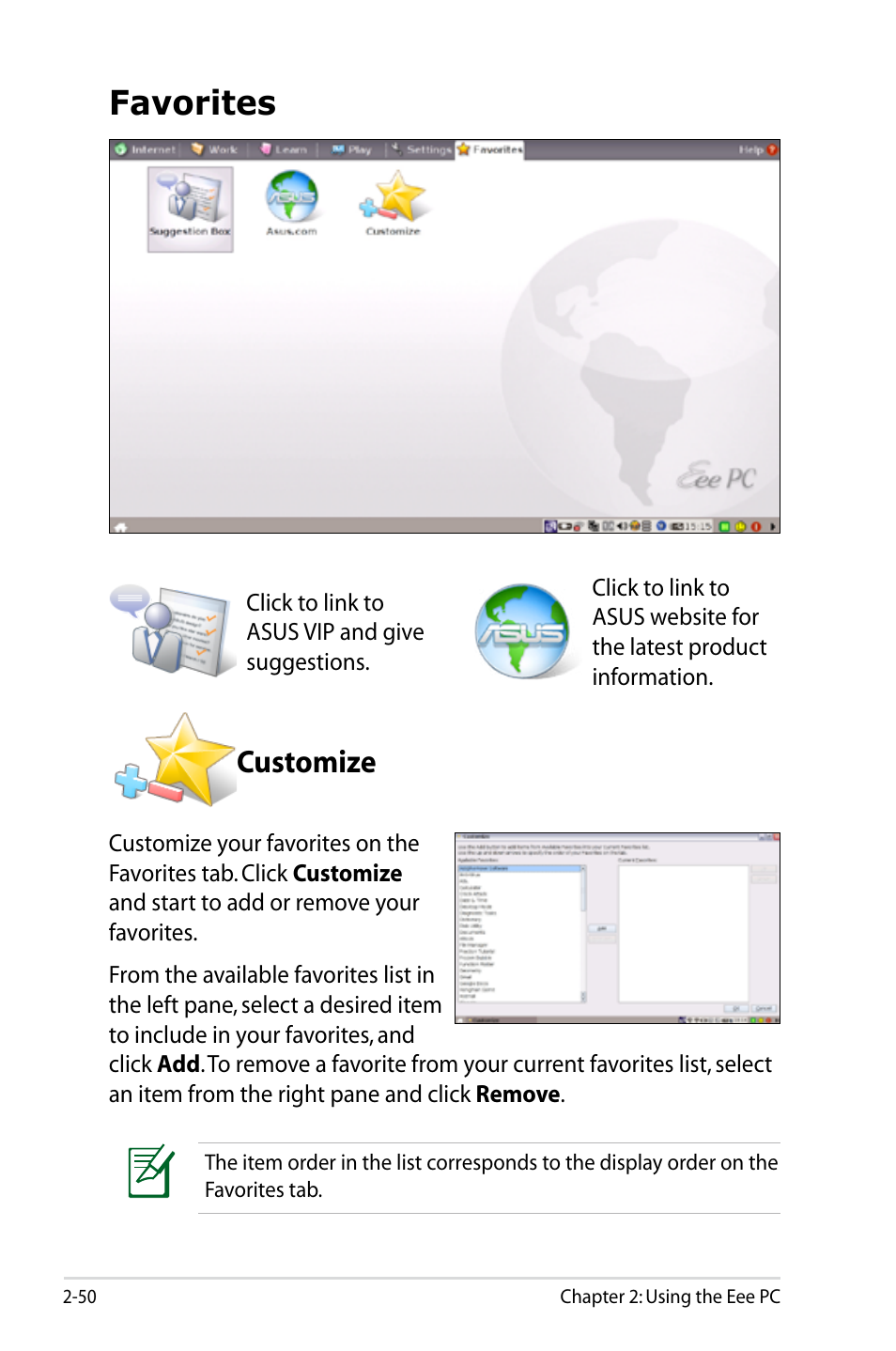 Favorites, Customize, Favorites -50 | Customize -50 | Asus Eee PC S101/Linux User Manual | Page 60 / 90