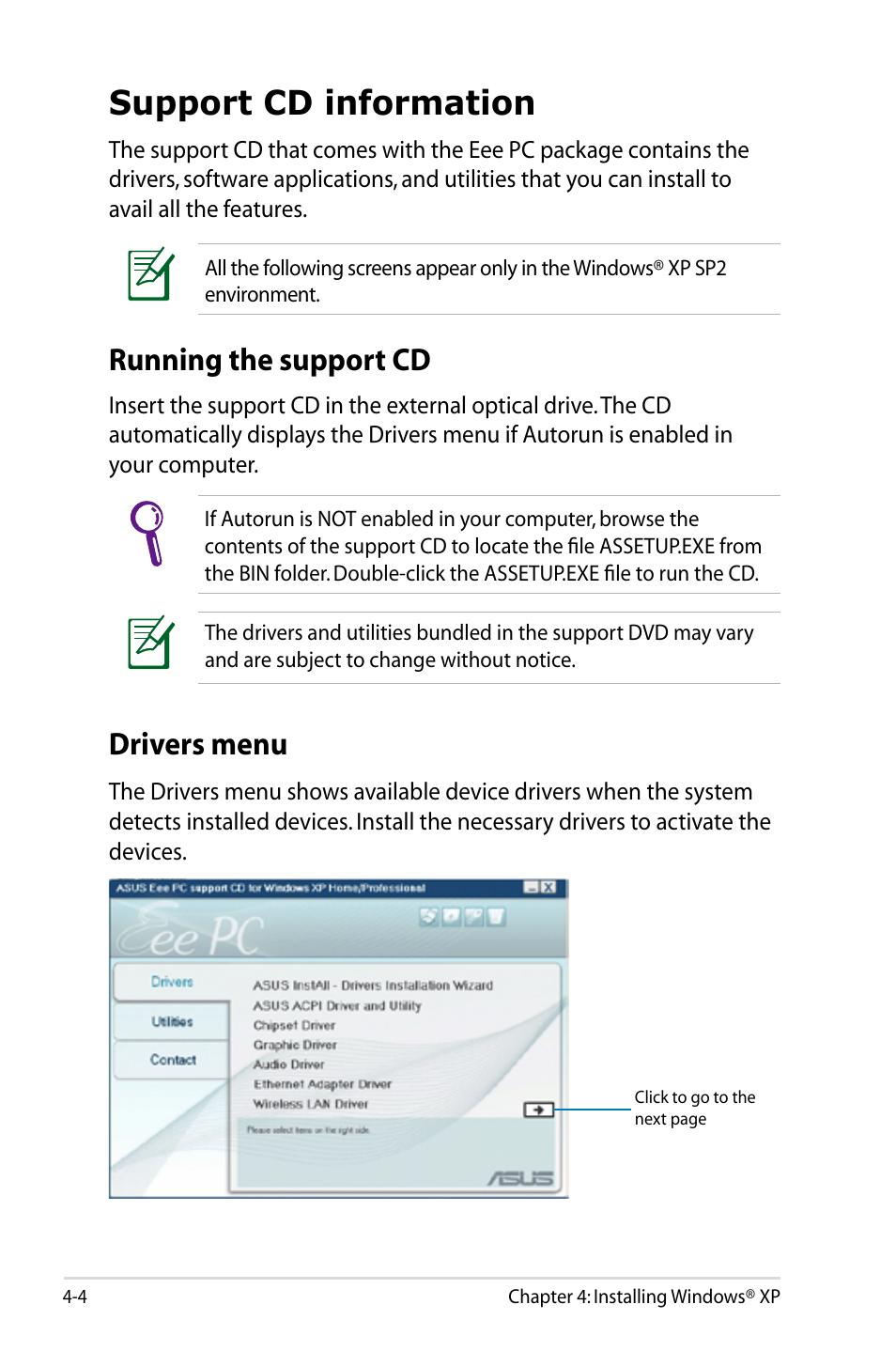 Support cd information, Running the support cd, Drivers menu | Support cd information -4, Running the support cd -4 drivers menu -4 | Asus Eee PC S101/Linux User Manual | Page 72 / 90