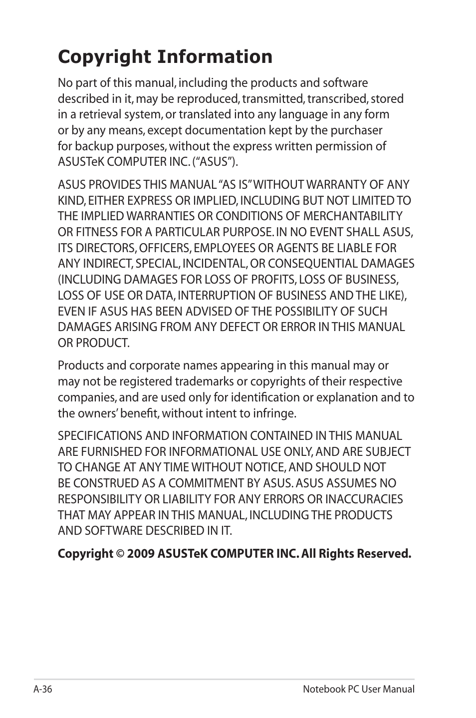 Copyright information | Asus U30Jc User Manual | Page 102 / 104