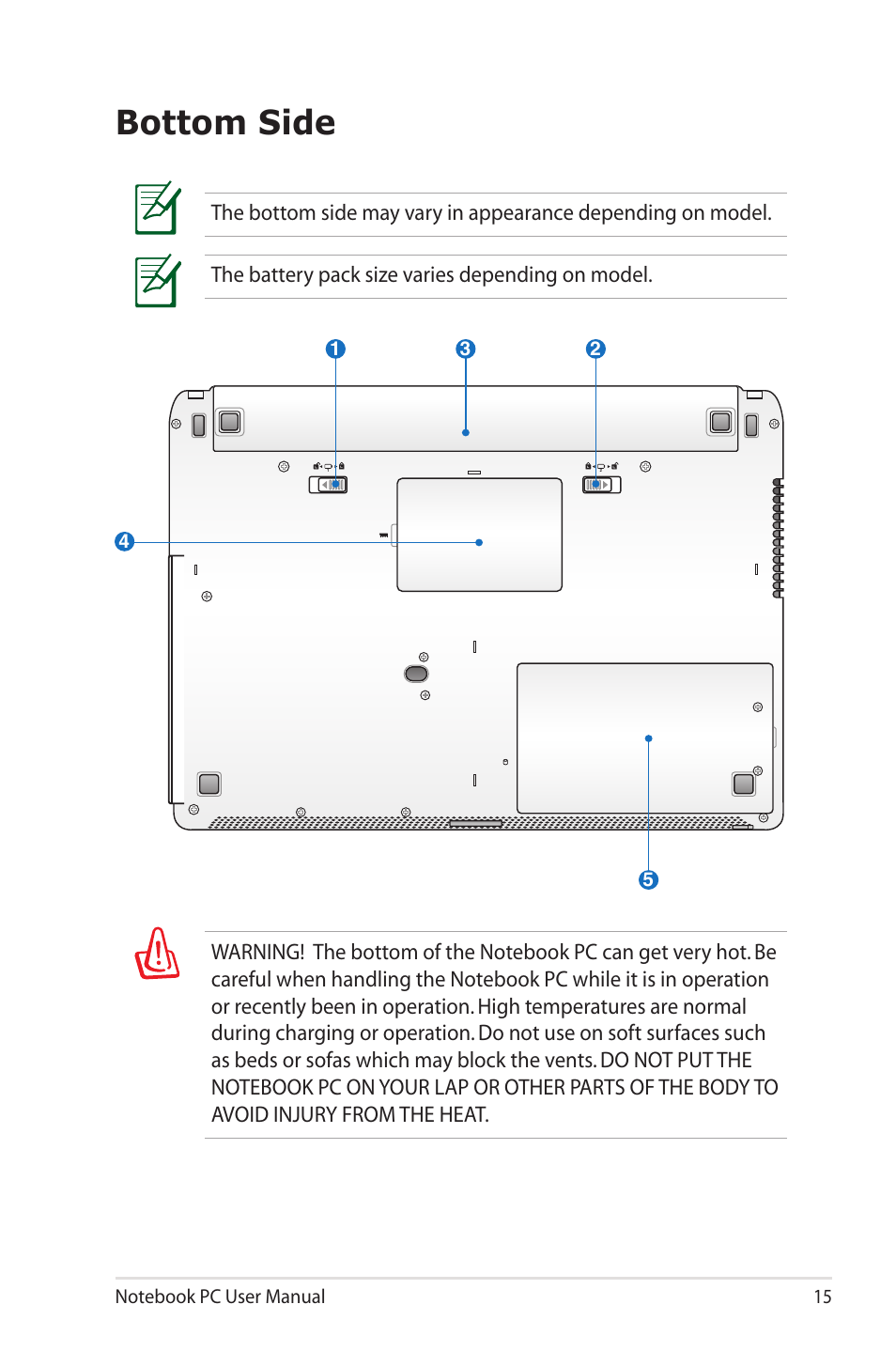 Bottom side | Asus U30Jc User Manual | Page 15 / 104