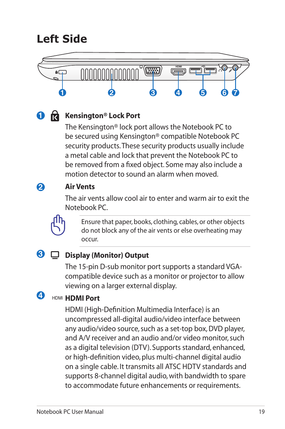 Left side | Asus U30Jc User Manual | Page 19 / 104