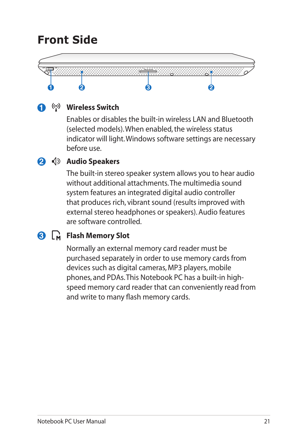 Front side | Asus U30Jc User Manual | Page 21 / 104