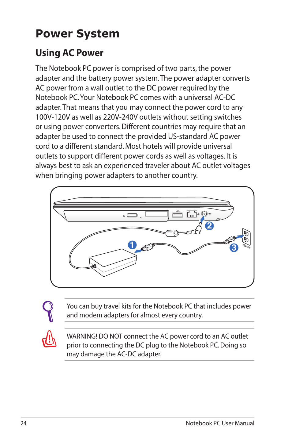 Power system, Using ac power | Asus U30Jc User Manual | Page 24 / 104