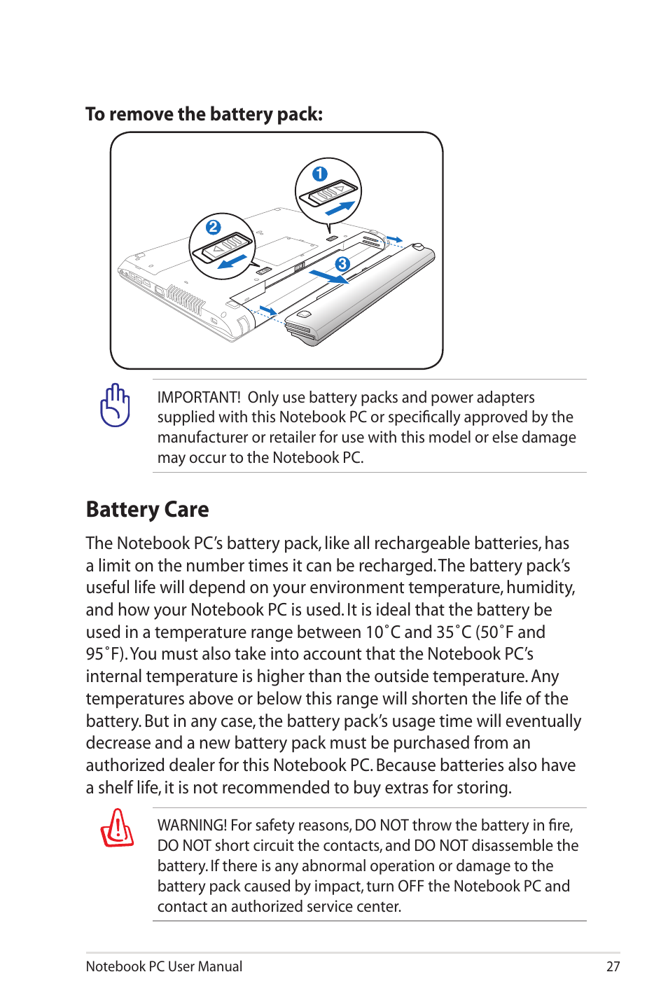 Battery care | Asus U30Jc User Manual | Page 27 / 104