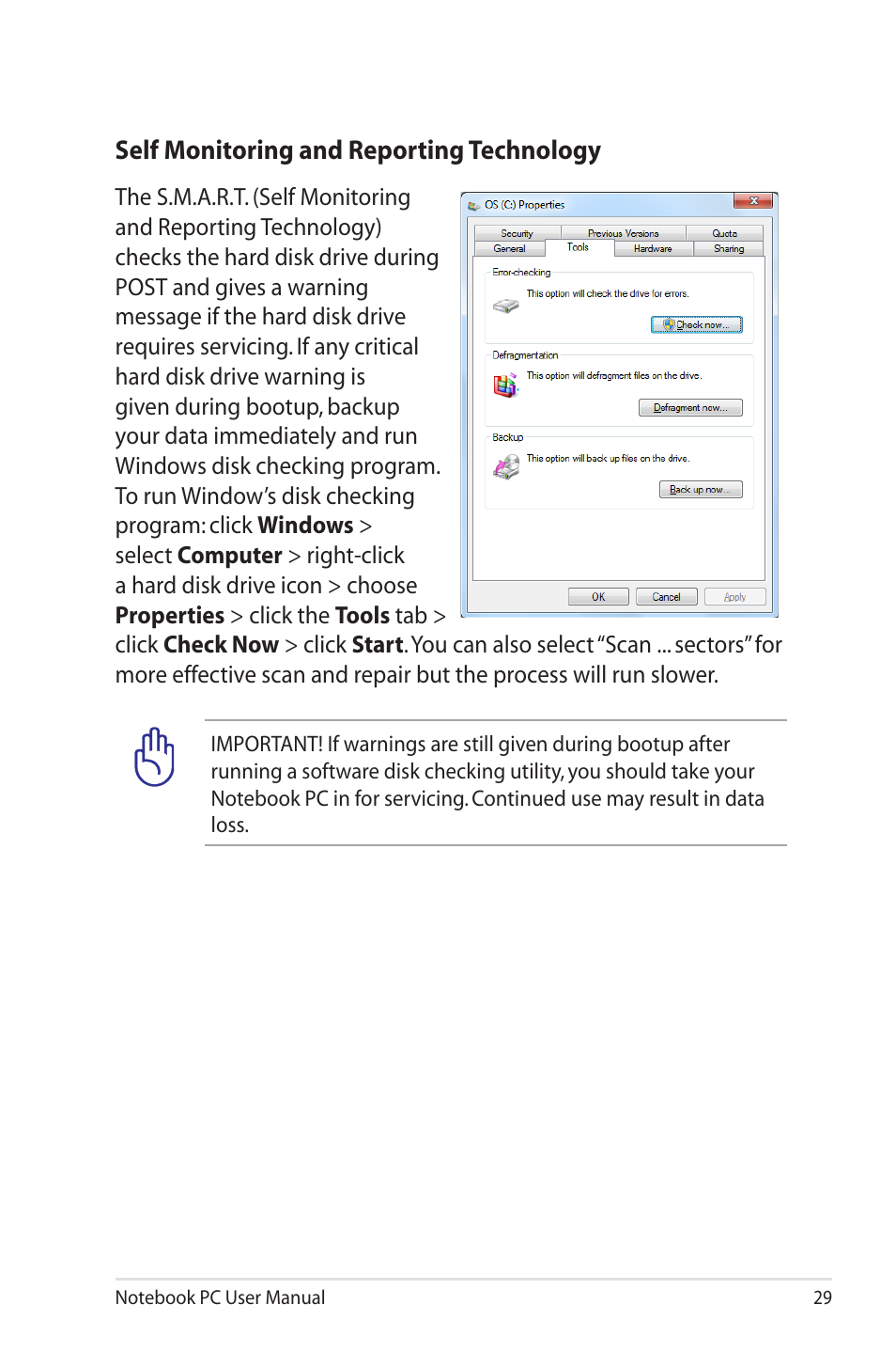 Self monitoring and reporting technology | Asus U30Jc User Manual | Page 29 / 104