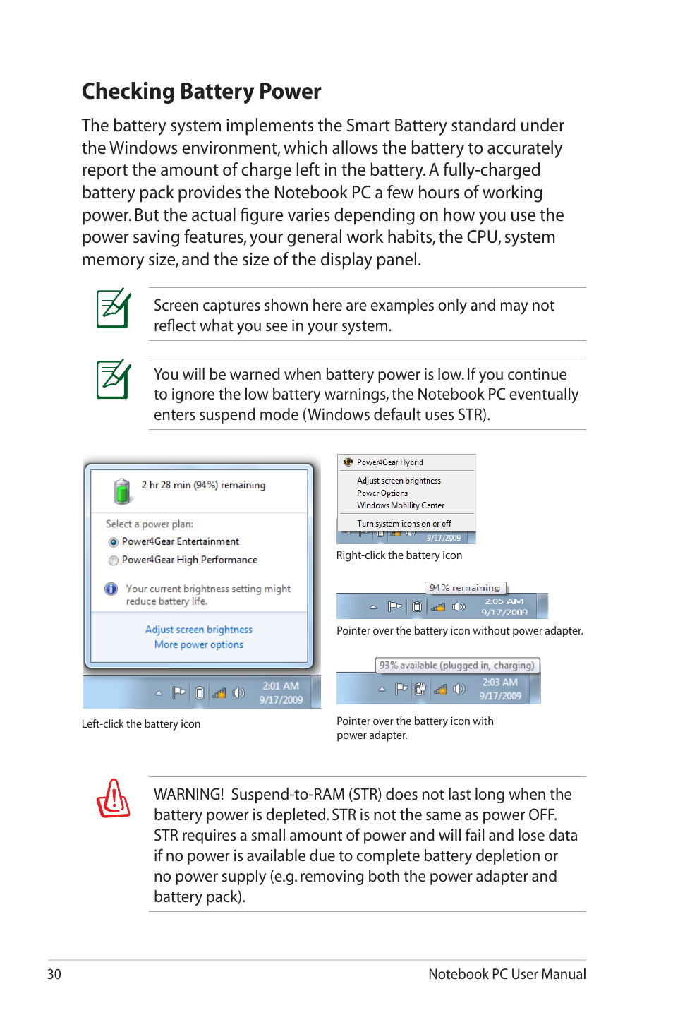 Checking battery power | Asus U30Jc User Manual | Page 30 / 104