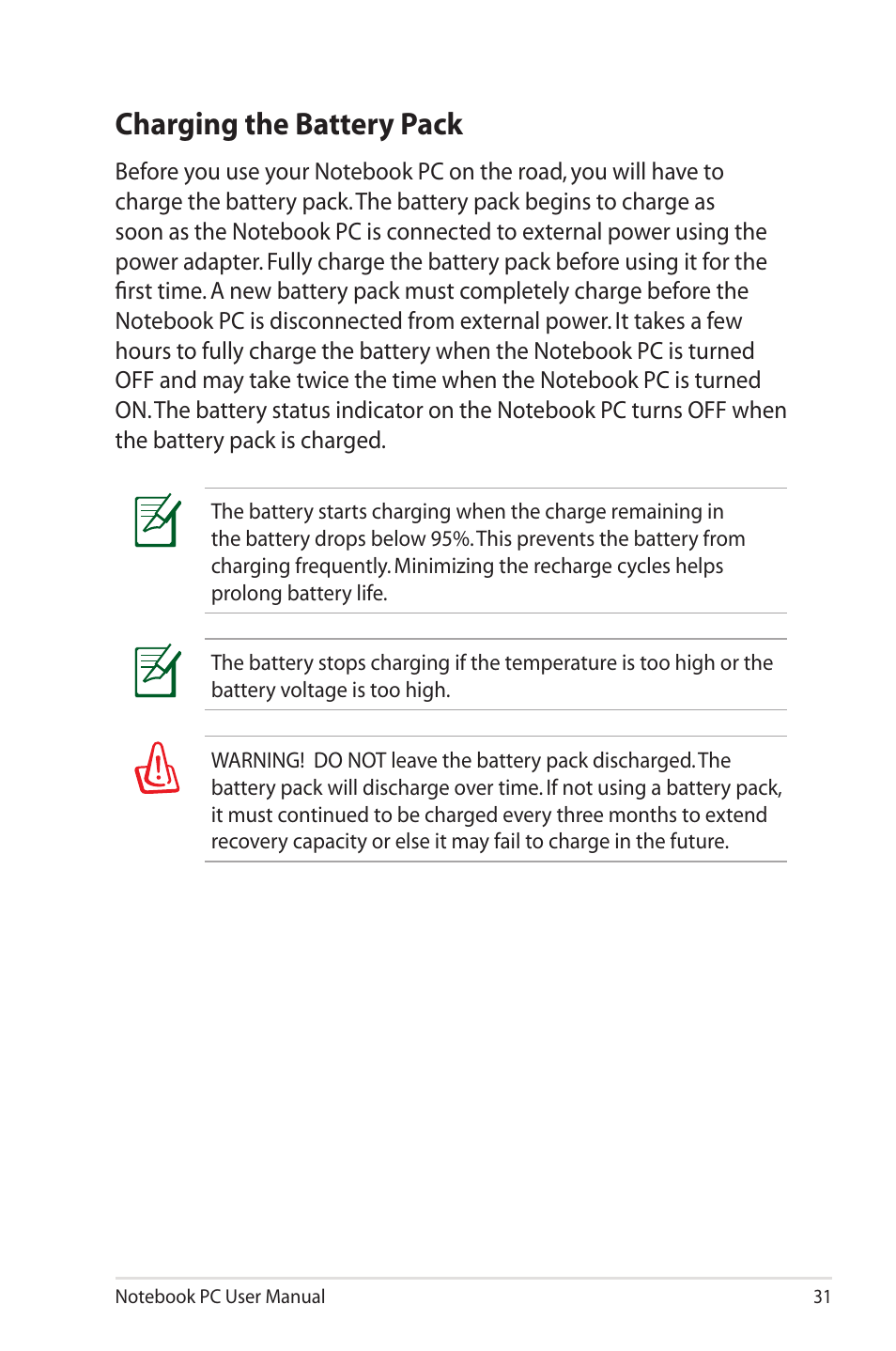Charging the battery pack | Asus U30Jc User Manual | Page 31 / 104