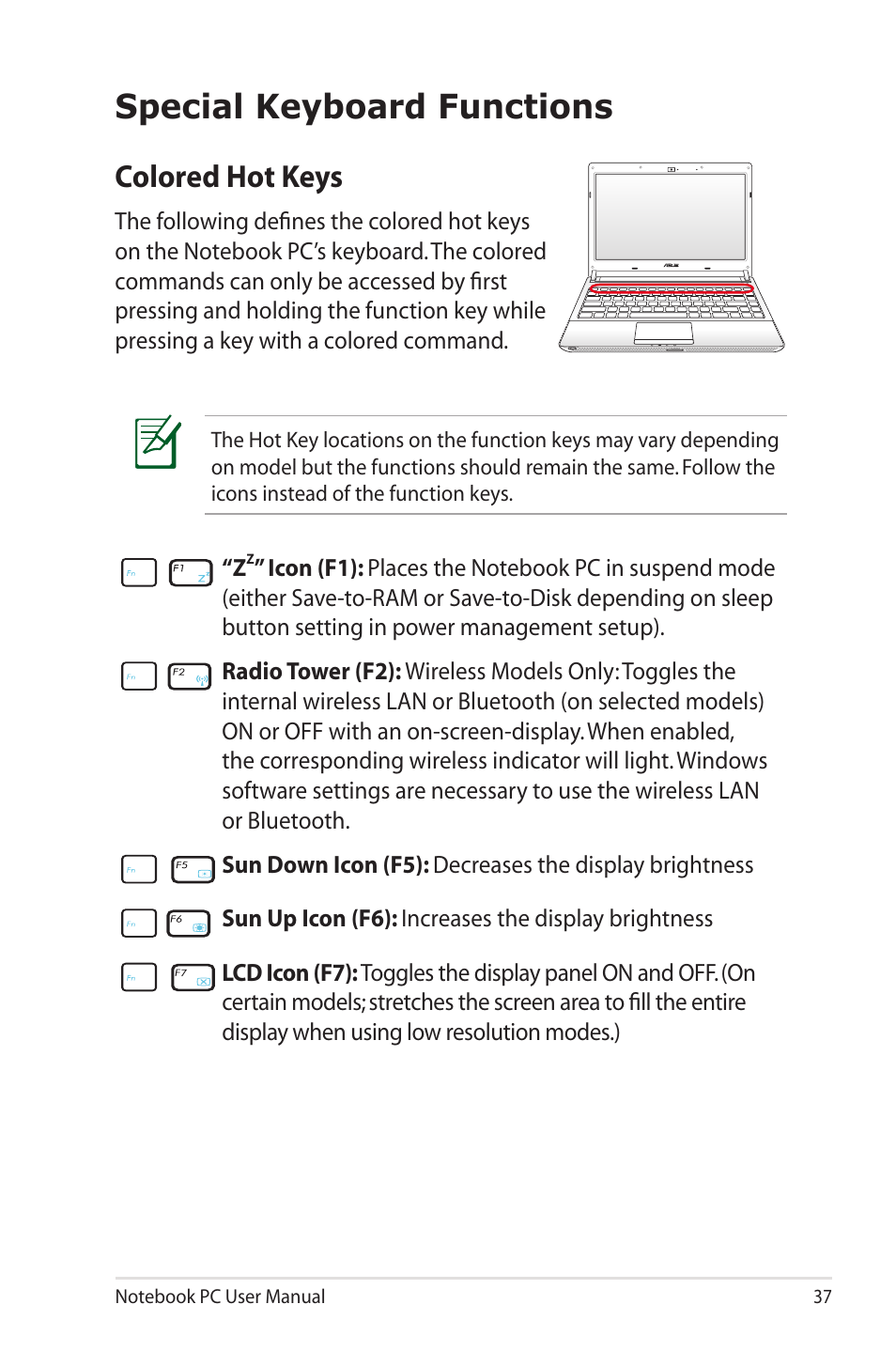 Special keyboard functions, Colored hot keys | Asus U30Jc User Manual | Page 37 / 104