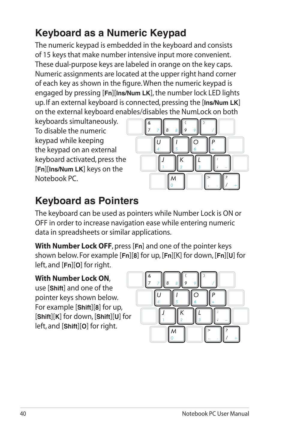 Keyboard as a numeric keypad, Keyboard as pointers | Asus U30Jc User Manual | Page 40 / 104