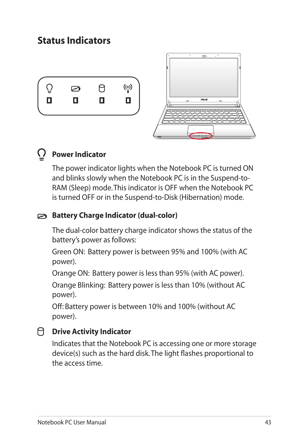 Status indicators | Asus U30Jc User Manual | Page 43 / 104