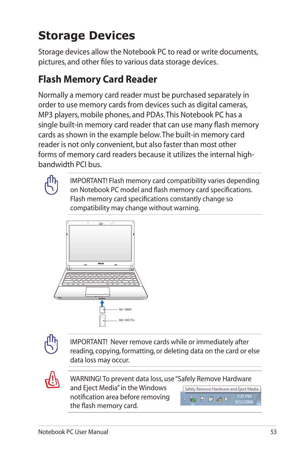 Storage devices, Flash memory card reader | Asus U30Jc User Manual | Page 53 / 104