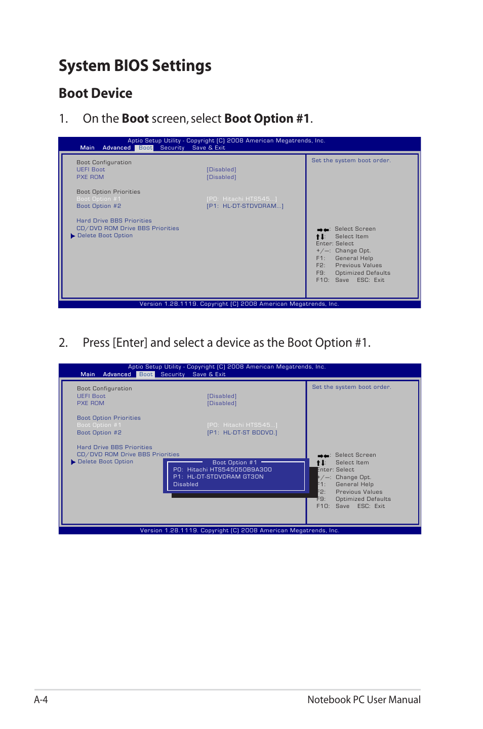 System bios settings, Boot device, On the boot screen, select boot option #1 | Asus U30Jc User Manual | Page 70 / 104