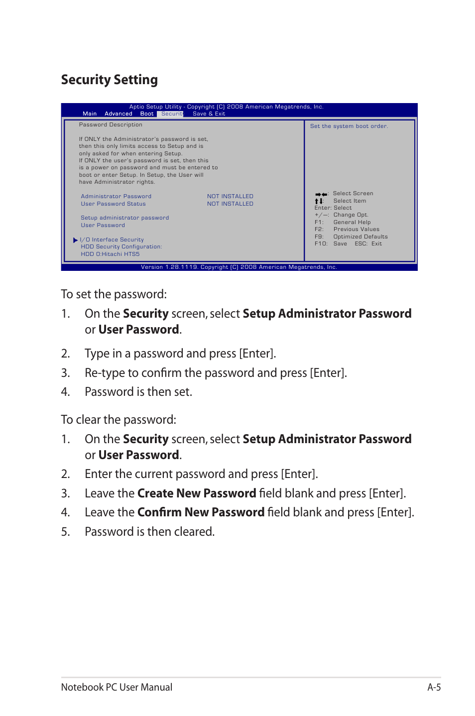 Security setting | Asus U30Jc User Manual | Page 71 / 104