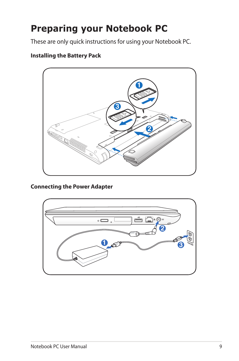 Preparing your notebook pc | Asus U30Jc User Manual | Page 9 / 104