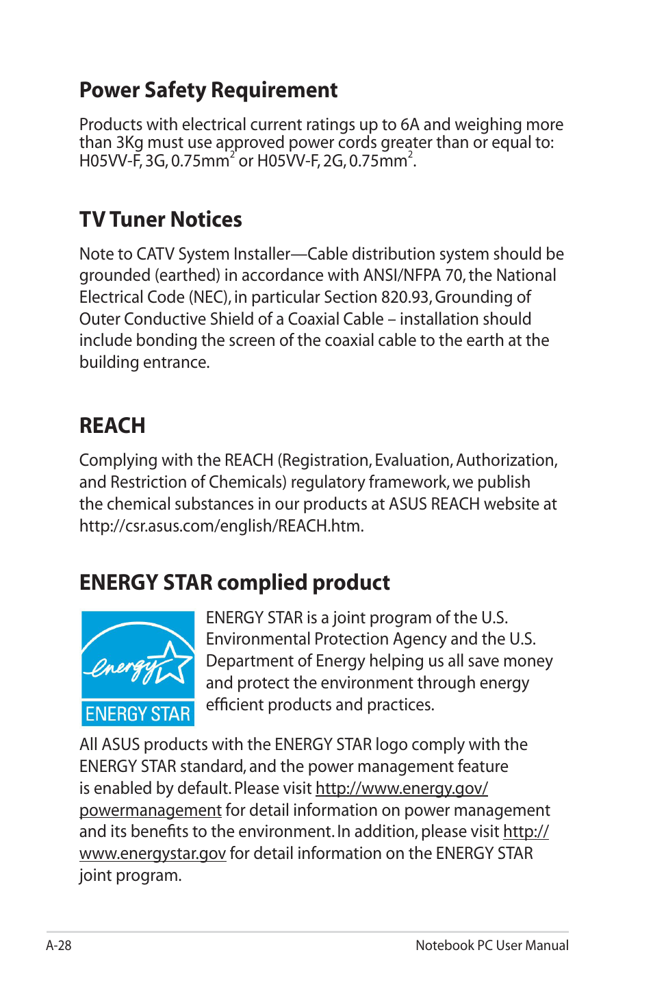 Power safety requirement, Tv tuner notices, Reach | Energy star complied product | Asus U30Jc User Manual | Page 94 / 104