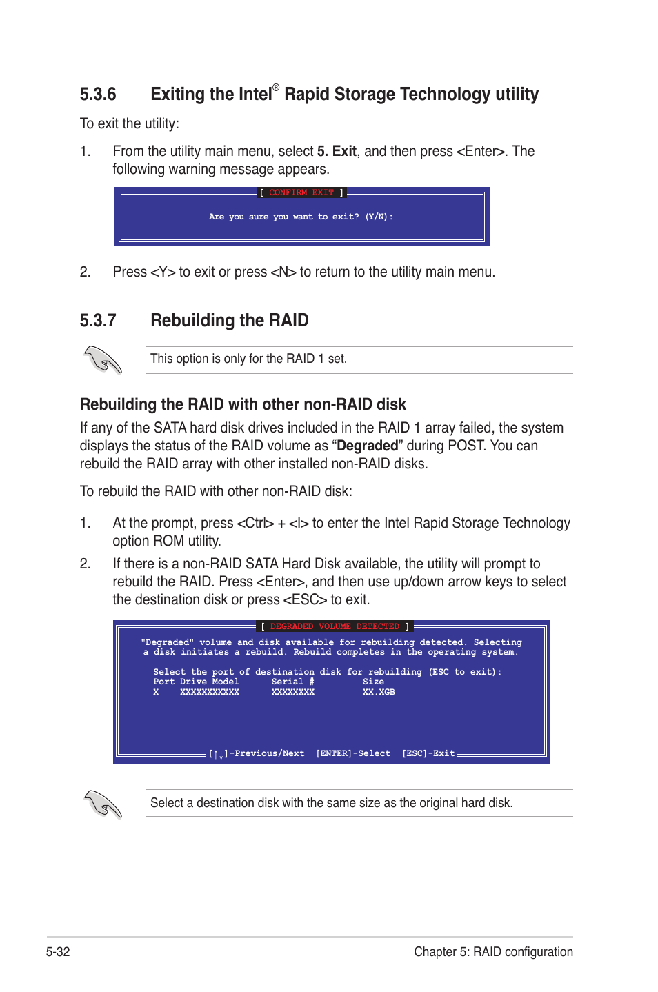 7 rebuilding the raid, Exiting the intel, Rapid storage technology utility -32 | Rebuilding the raid -32, 6 exiting the intel, Rapid storage technology utility, Rebuilding the raid with other non-raid disk | Asus P8B-M User Manual | Page 118 / 150