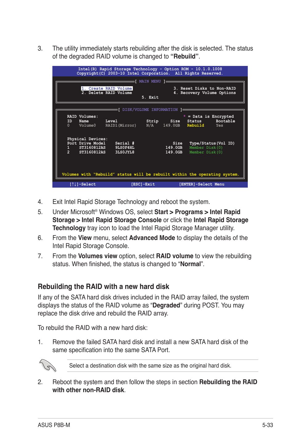 Rebuilding the raid with a new hard disk | Asus P8B-M User Manual | Page 119 / 150