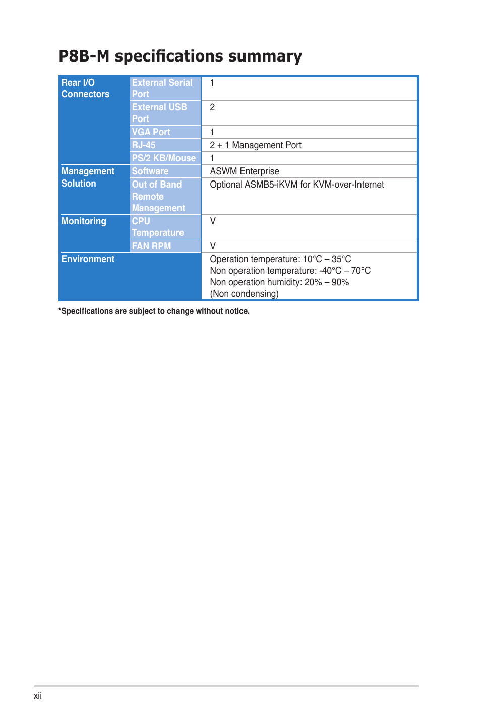 P8b-m specifications summary | Asus P8B-M User Manual | Page 12 / 150