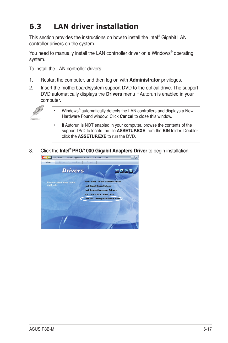 3 lan driver installation, Lan driver installation -17 | Asus P8B-M User Manual | Page 137 / 150