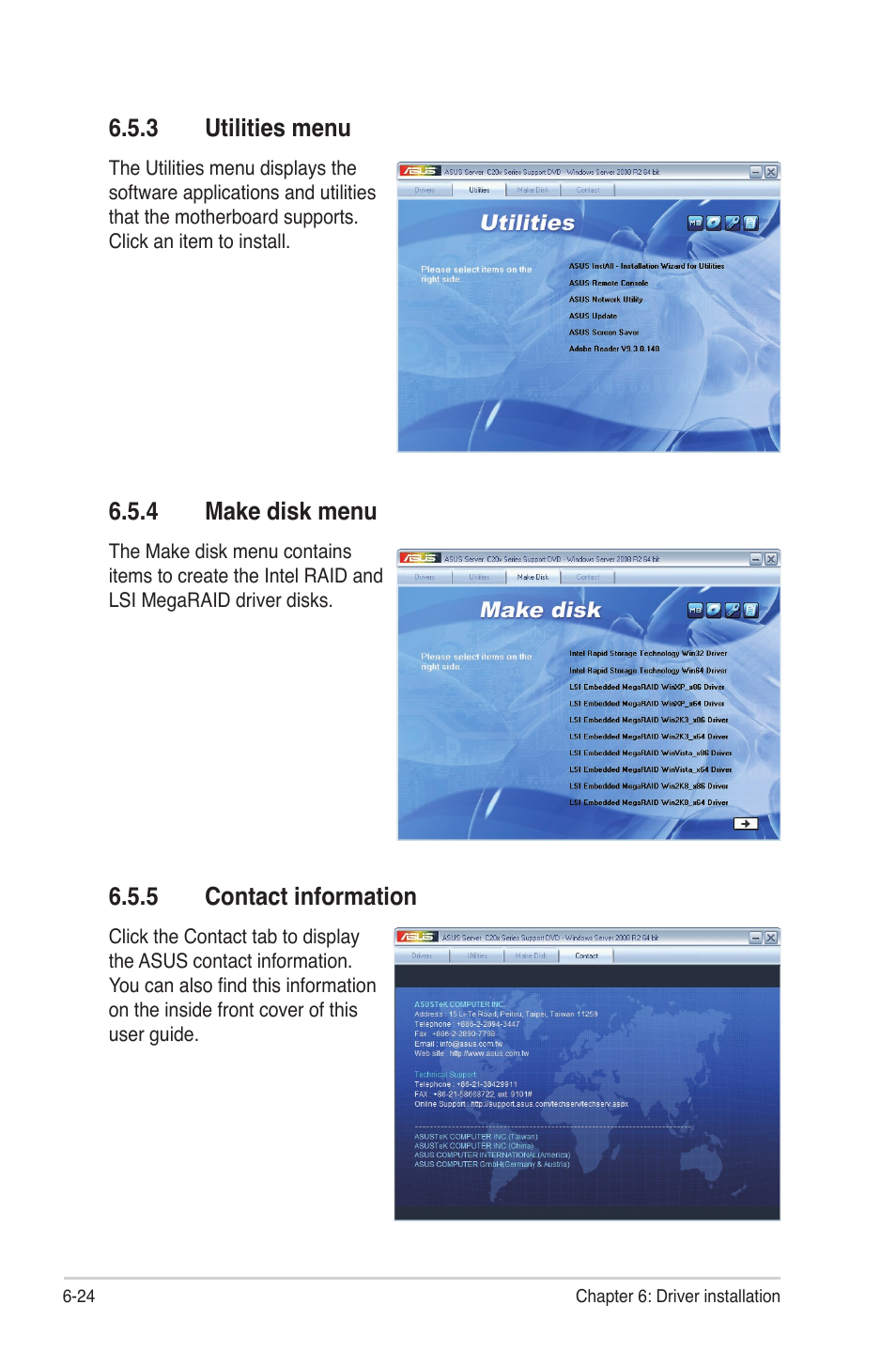 3 utilities menu, 4 make disk menu, 5 contact information | Utilities menu -24, Make disk menu -24, Contact information -24 | Asus P8B-M User Manual | Page 144 / 150