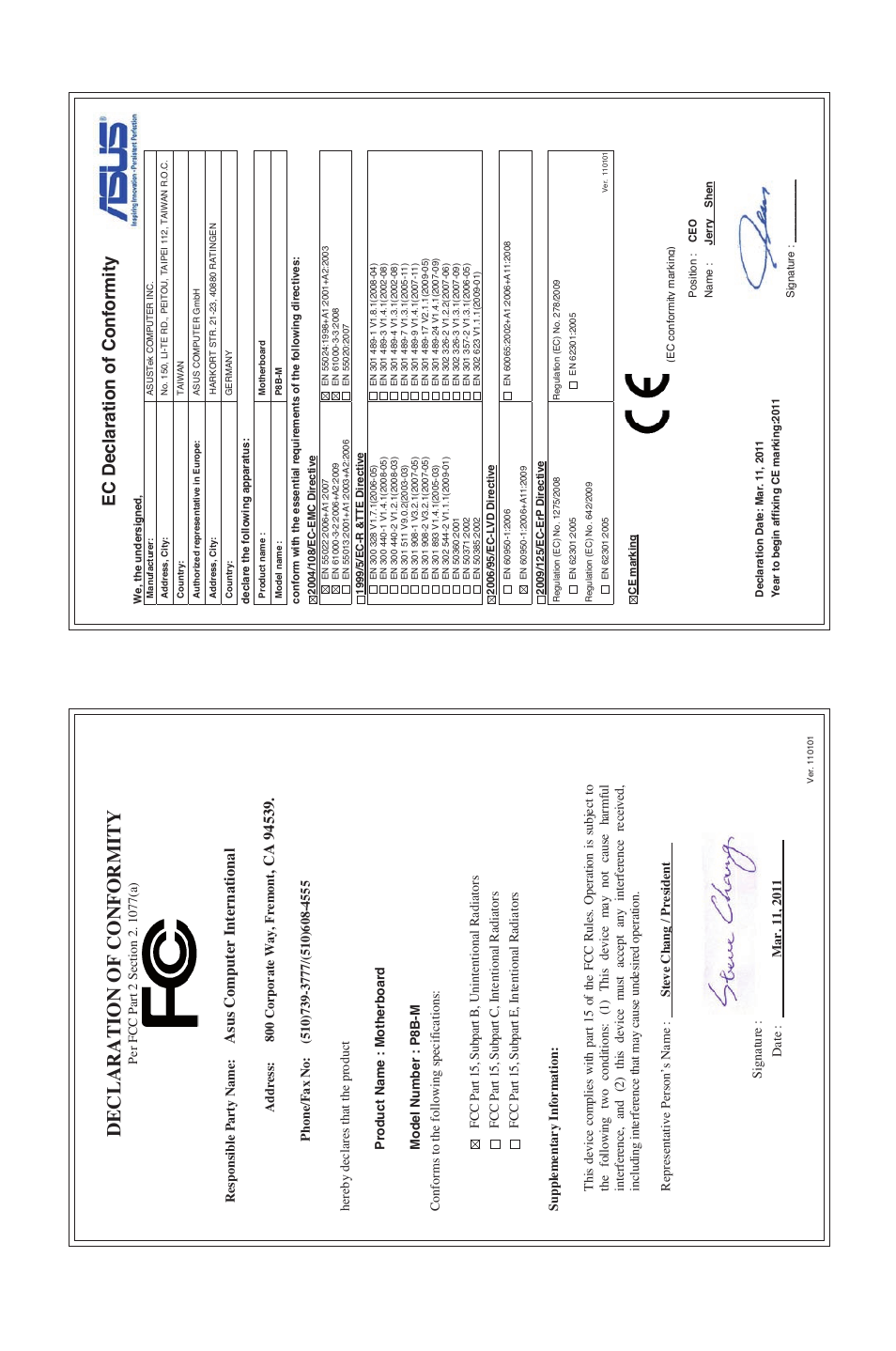 Declaration of conformity, Ec declaration of conformity, Asu s c om pu te r i nt er na tio na l | Asus P8B-M User Manual | Page 150 / 150