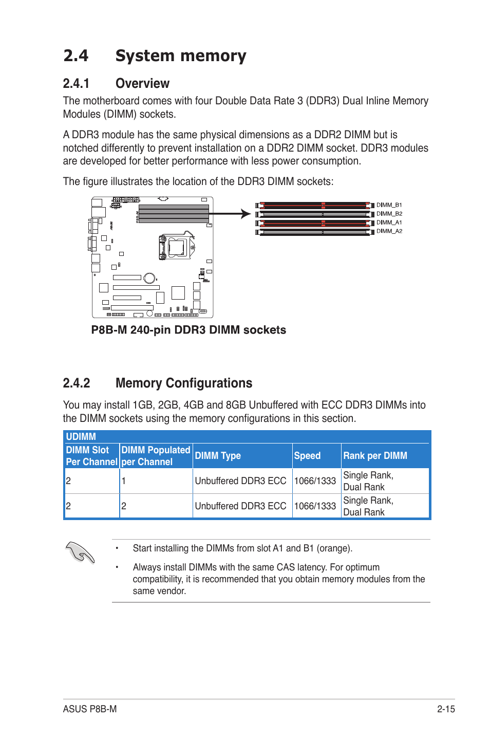 4 system memory, 1 overview, 2 memory configurations | System memory -15 2.4.1, Overview -15, Memory configurations -15 | Asus P8B-M User Manual | Page 33 / 150