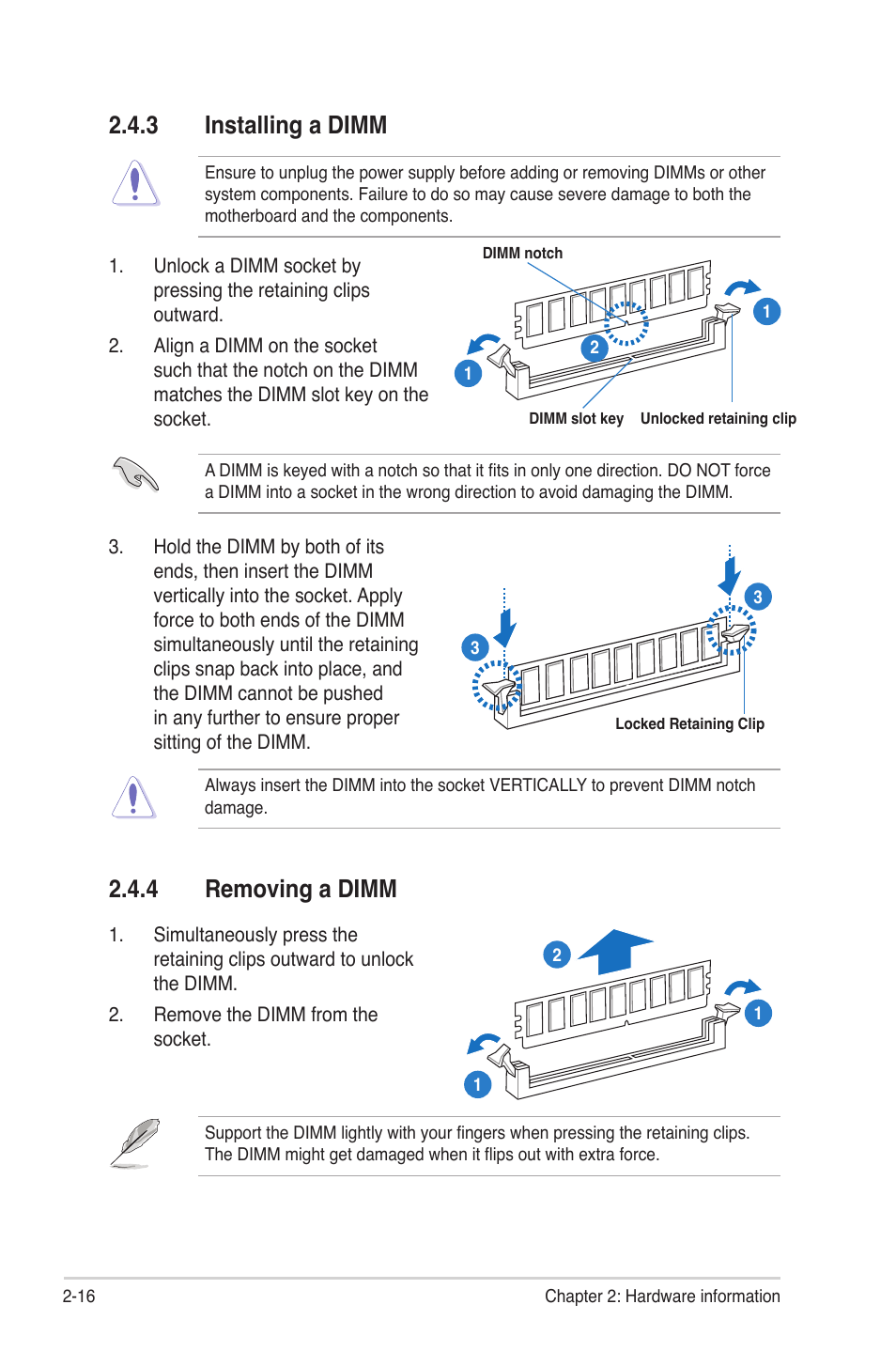 3 installing a dimm, 4 removing a dimm, Installing a dimm -16 | Removing a dimm -16 | Asus P8B-M User Manual | Page 34 / 150