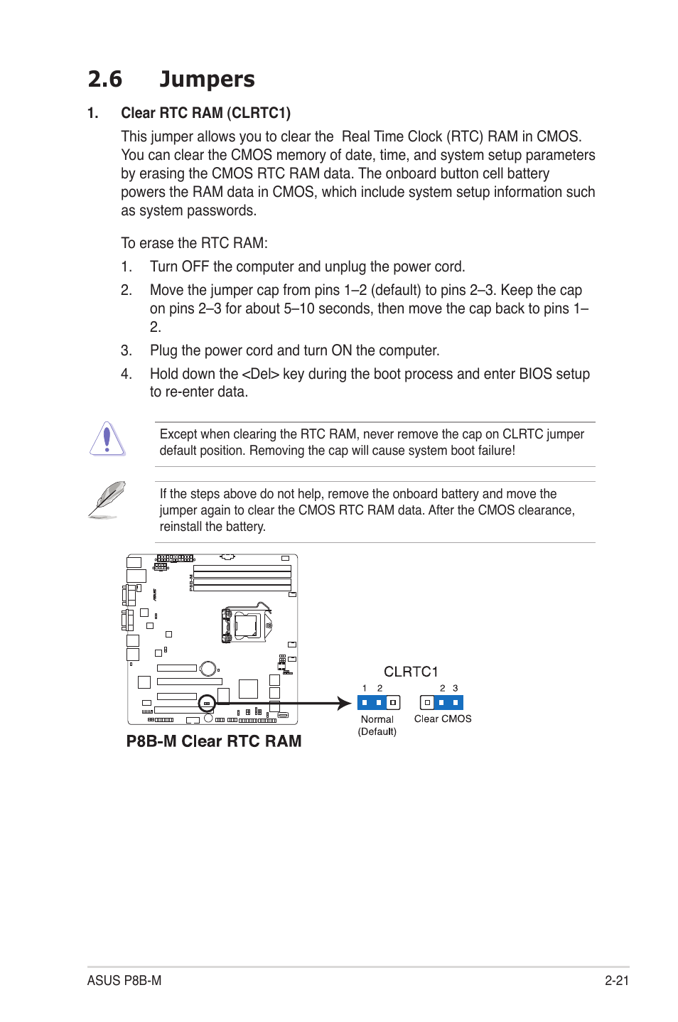 6 jumpers, Jumpers -21 | Asus P8B-M User Manual | Page 39 / 150