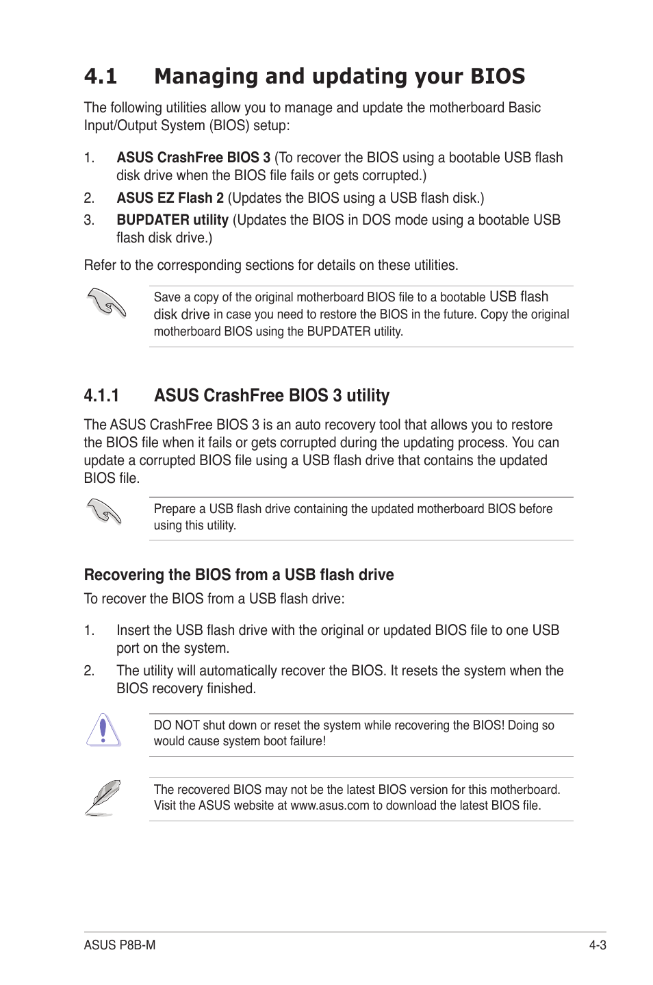 1 managing and updating your bios, 1 asus crashfree bios 3 utility, Managing and updating your bios -3 4.1.1 | Asus crashfree bios 3 utility -3 | Asus P8B-M User Manual | Page 61 / 150