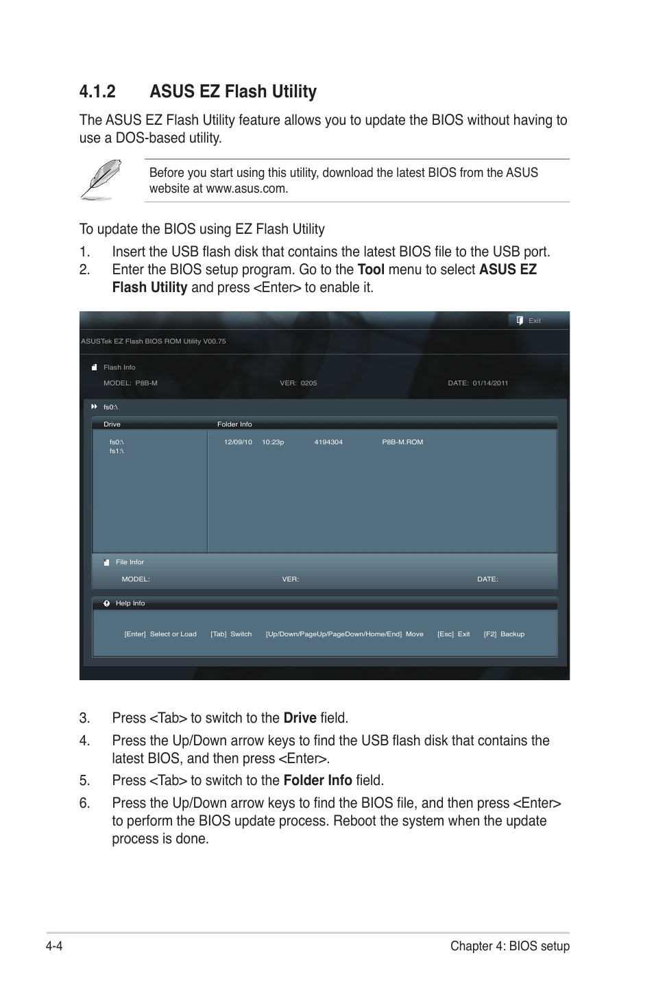 2 asus ez flash utility, Asus ez flash utility -4, 4 chapter 4: bios setup | Asus P8B-M User Manual | Page 62 / 150