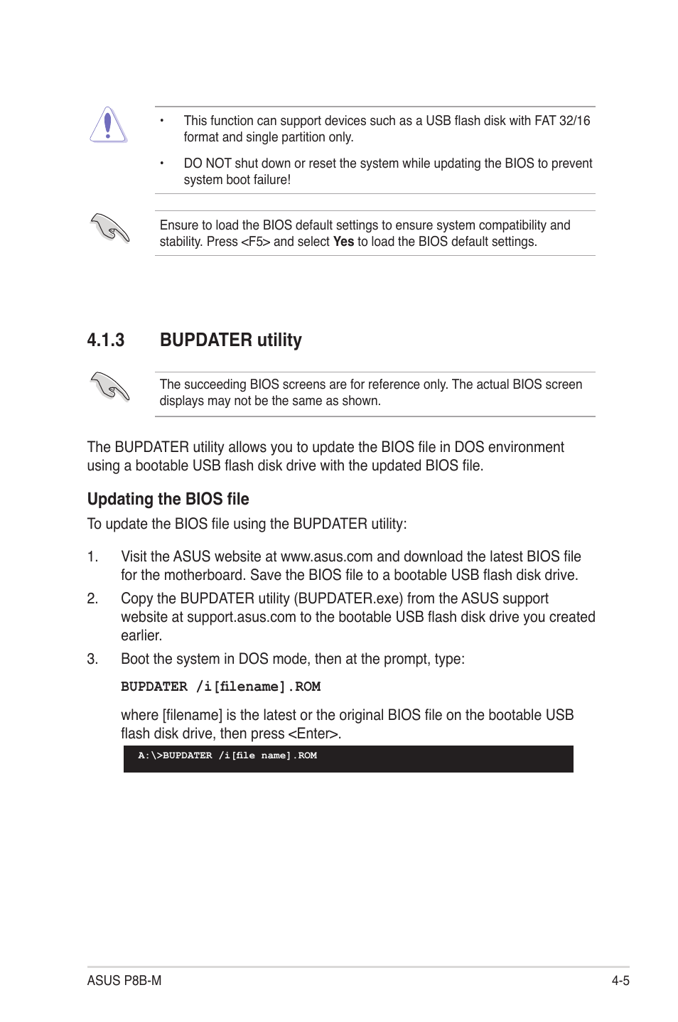 3 bupdater utility, Bupdater utility -5, Updating the bi�s file | Asus P8B-M User Manual | Page 63 / 150