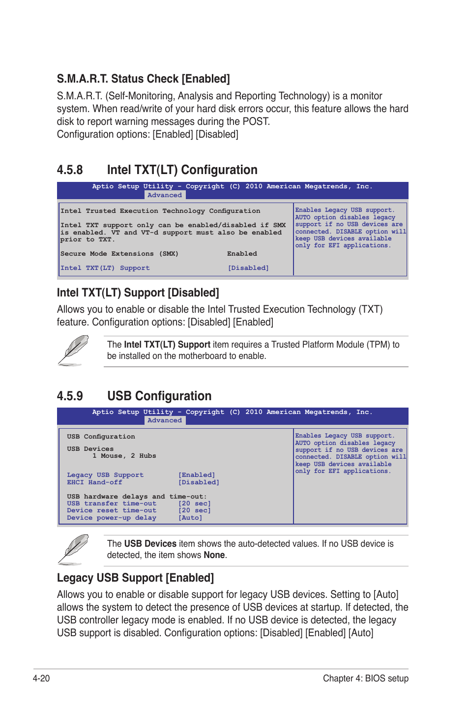 8 intel txt(lt) configuration, 9 usb configuration, Intel txt(lt) configuration -20 | Usb configuration -20, Legacy usb support [enabled, Intel txt(lt) support [disabled, S.m.a.r.t. status check [enabled | Asus P8B-M User Manual | Page 78 / 150