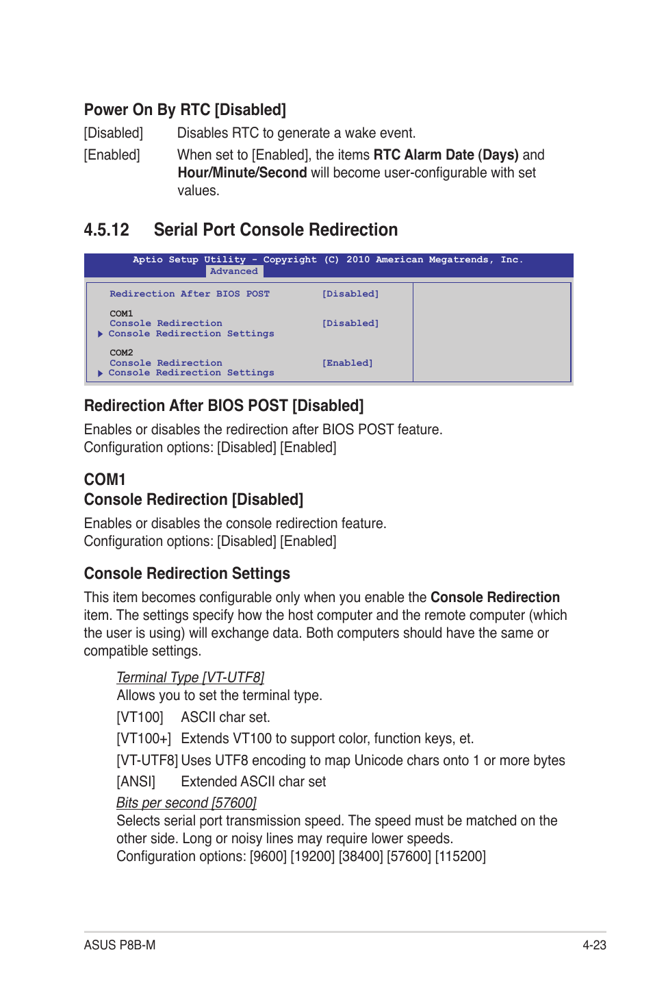 12 serial port console redirection, 12 serial port console redirection -23, Power on by rtc [disabled | Redirection after bios post [disabled, Com1 console redirection [disabled, Console redirection settings | Asus P8B-M User Manual | Page 81 / 150